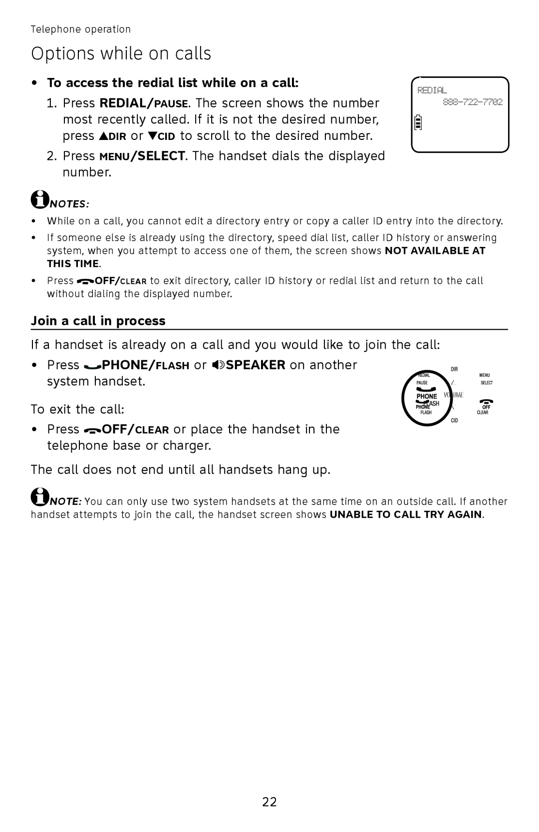 AT&T EL52510, EL52500, EL52450, EL52350, EL52300, EL52400 To access the redial list while on a call, Join a call in process 