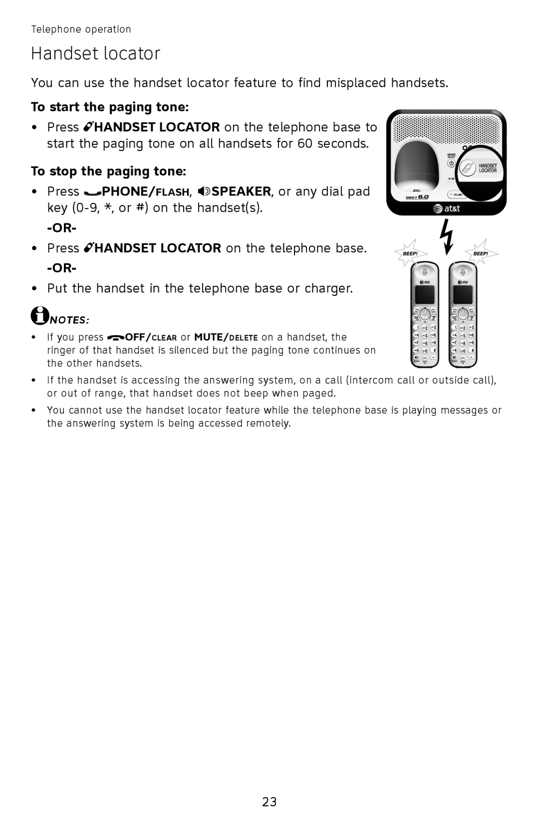 AT&T EL52500, EL52510, EL52450, EL52350, EL52300, EL52400 Handset locator, To start the paging tone, To stop the paging tone 