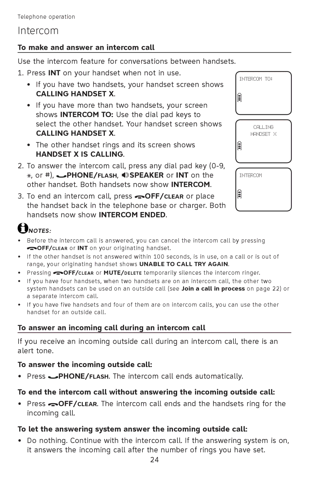 AT&T EL52450, EL52510 Intercom, To make and answer an intercom call, To answer an incoming call during an intercom call 