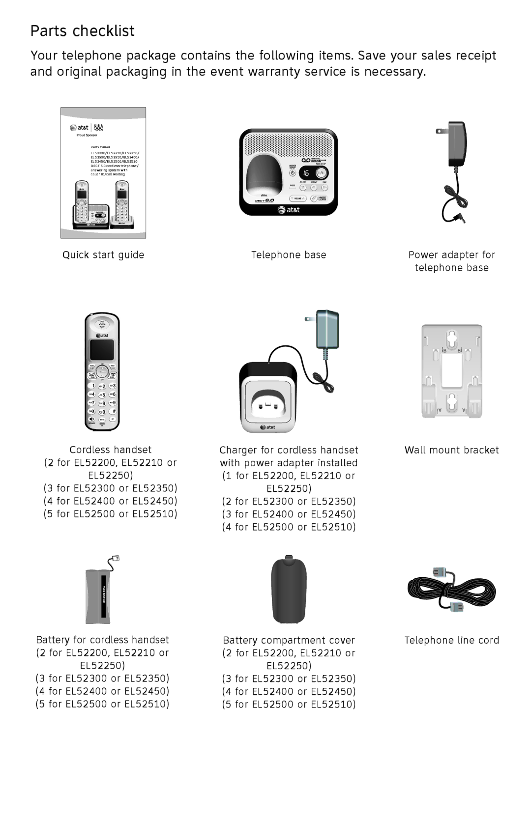 AT&T EL52350, EL52510, EL52500, EL52450, EL52300, EL52400, EL52200, EL52250, EL52210 user manual Parts checklist 