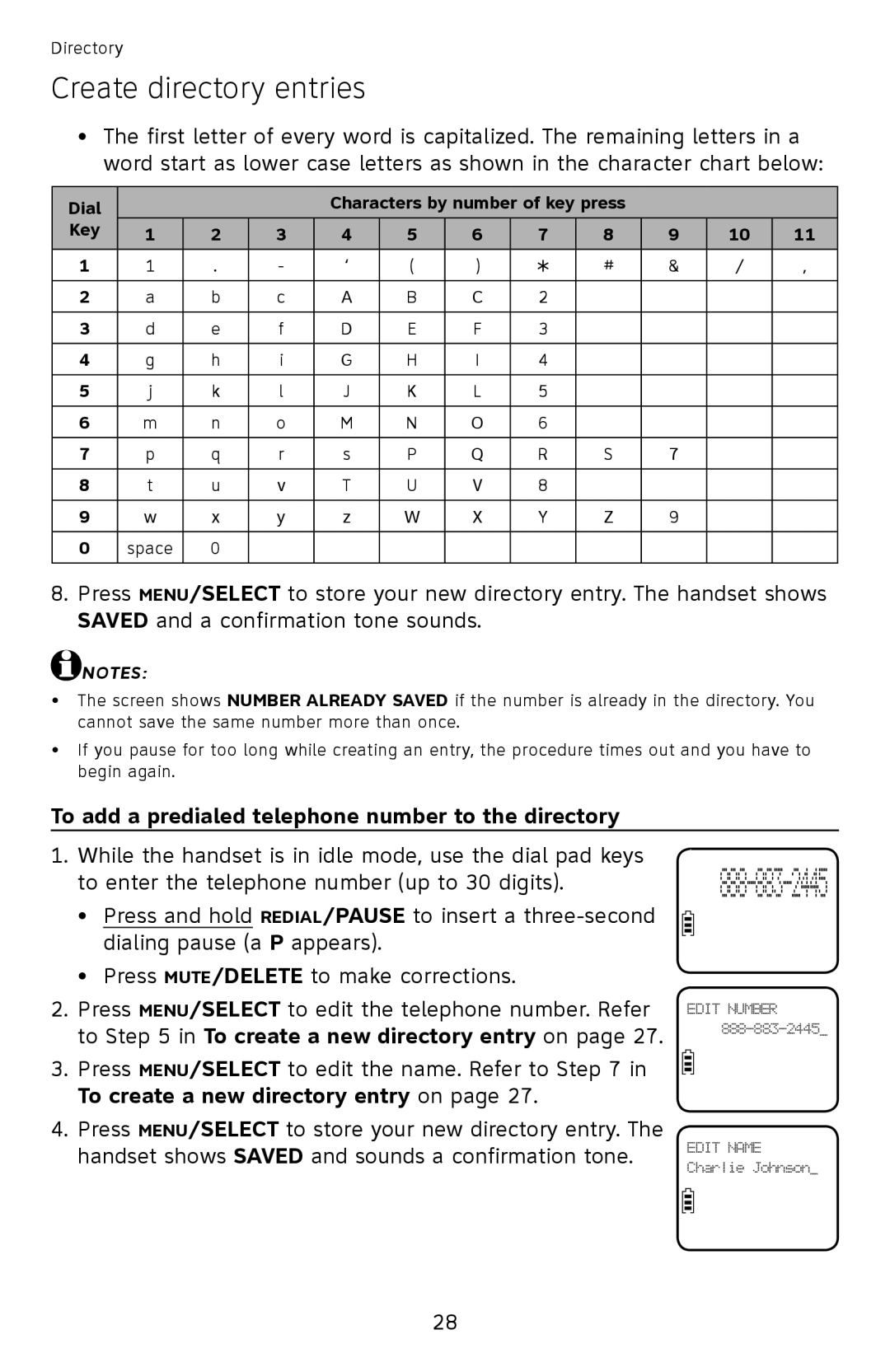 AT&T EL52200, EL52510, EL52500, EL52450, EL52350, EL52300 To add a predialed telephone number to the directory, Dial, Key 