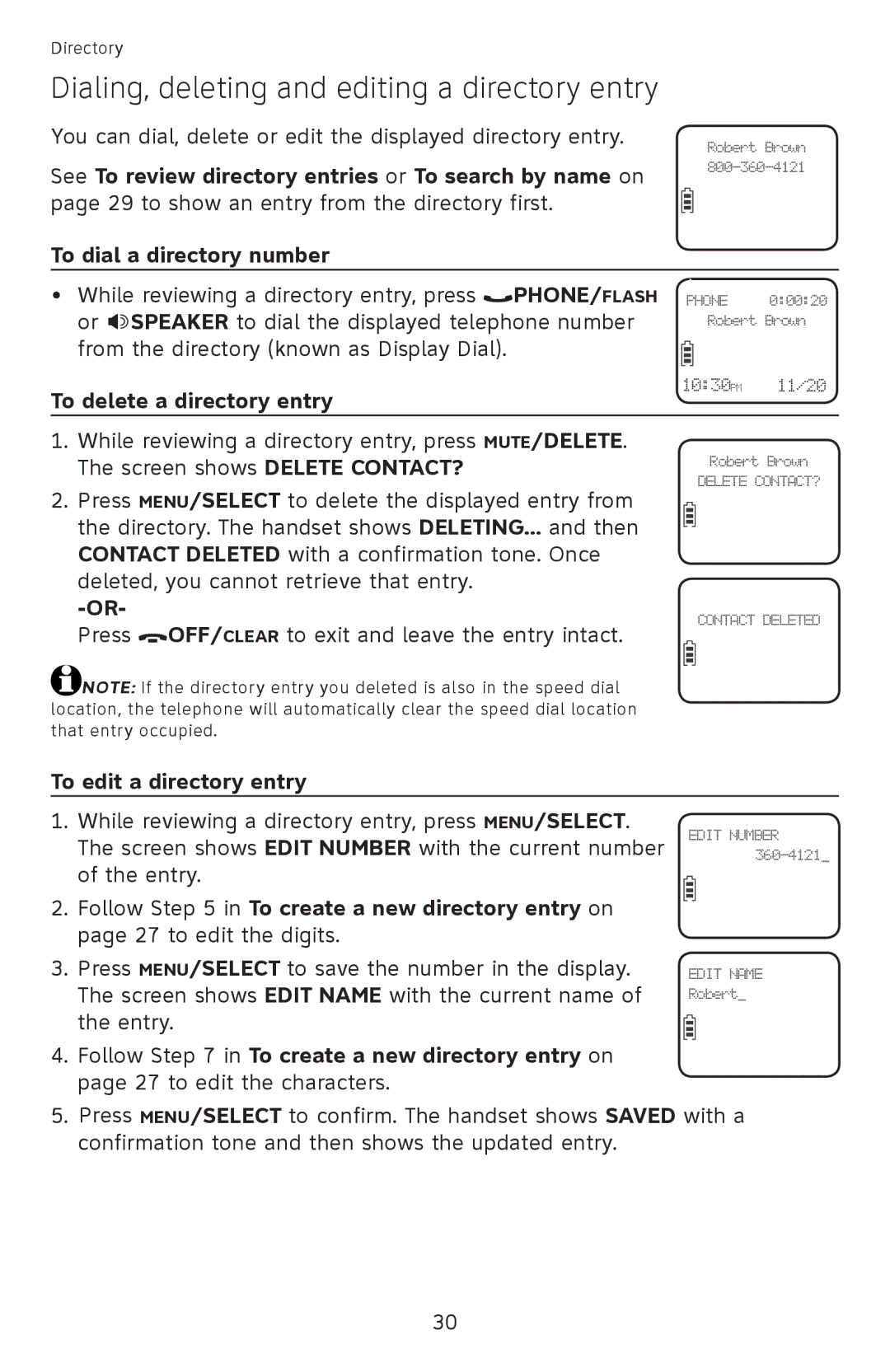 AT&T EL52210 Dialing, deleting and editing a directory entry, To delete a directory entry, To edit a directory entry 