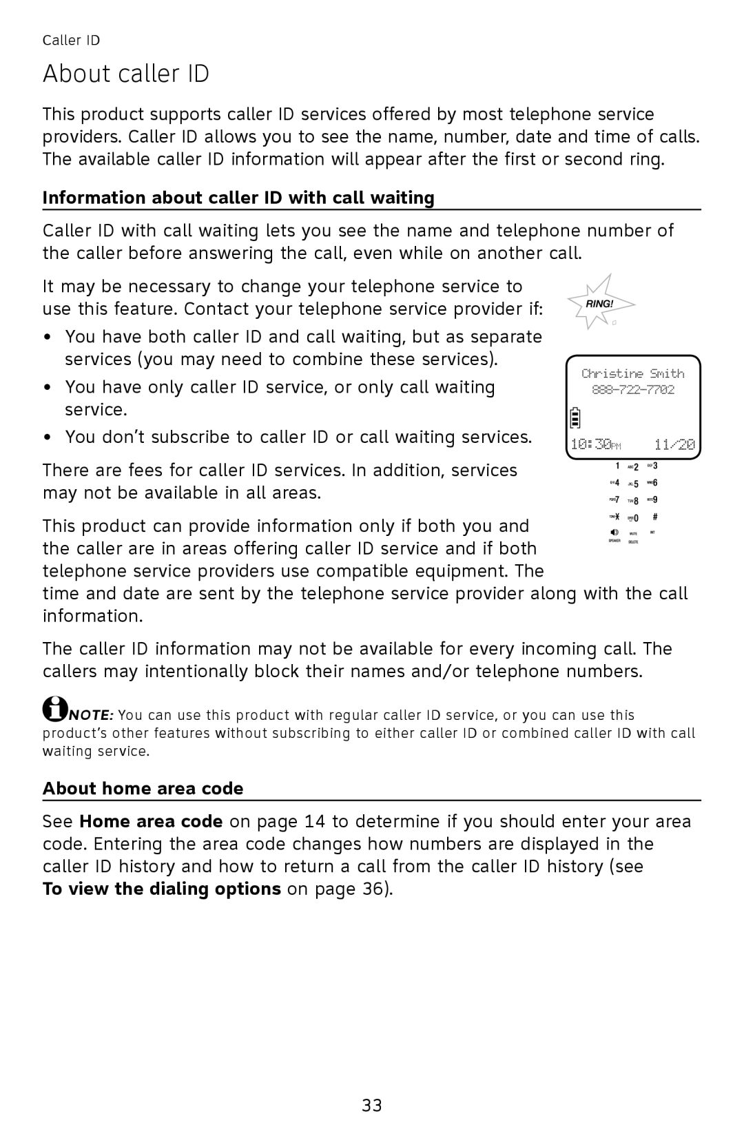 AT&T EL52450, EL52510, EL52500, EL52350 About caller ID, Information about caller ID with call waiting, About home area code 