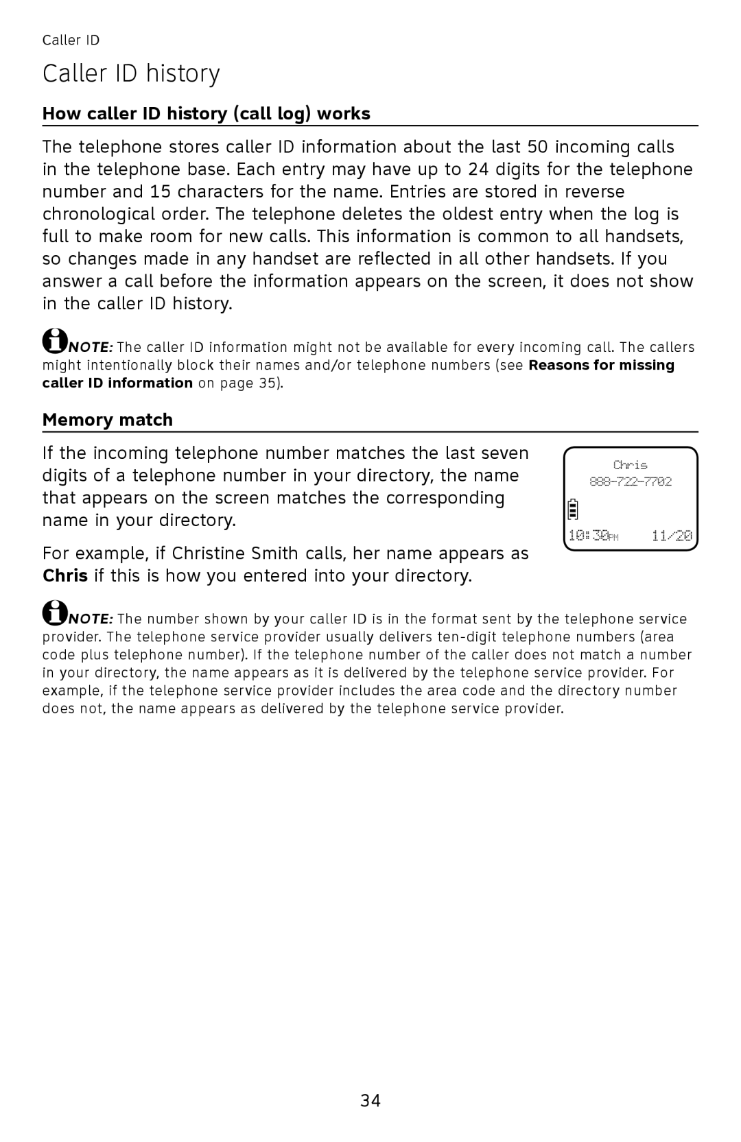 AT&T EL52350, EL52510, EL52500, EL52450, EL52300 Caller ID history, How caller ID history call log works, Memory match 