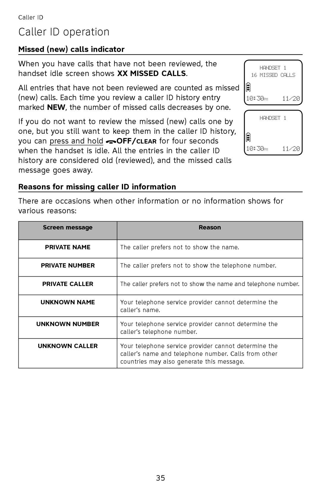 AT&T EL52300, EL52510, EL52500 Caller ID operation, Missed new calls indicator, Reasons for missing caller ID information 