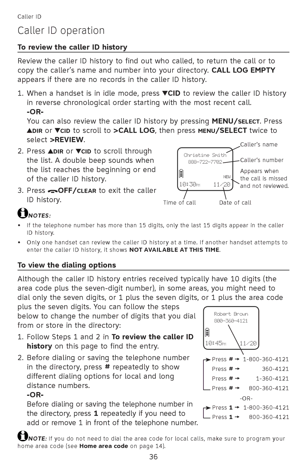 AT&T EL52400, EL52510, EL52500, EL52450, EL52350, EL52300, EL52200 To review the caller ID history, To view the dialing options 