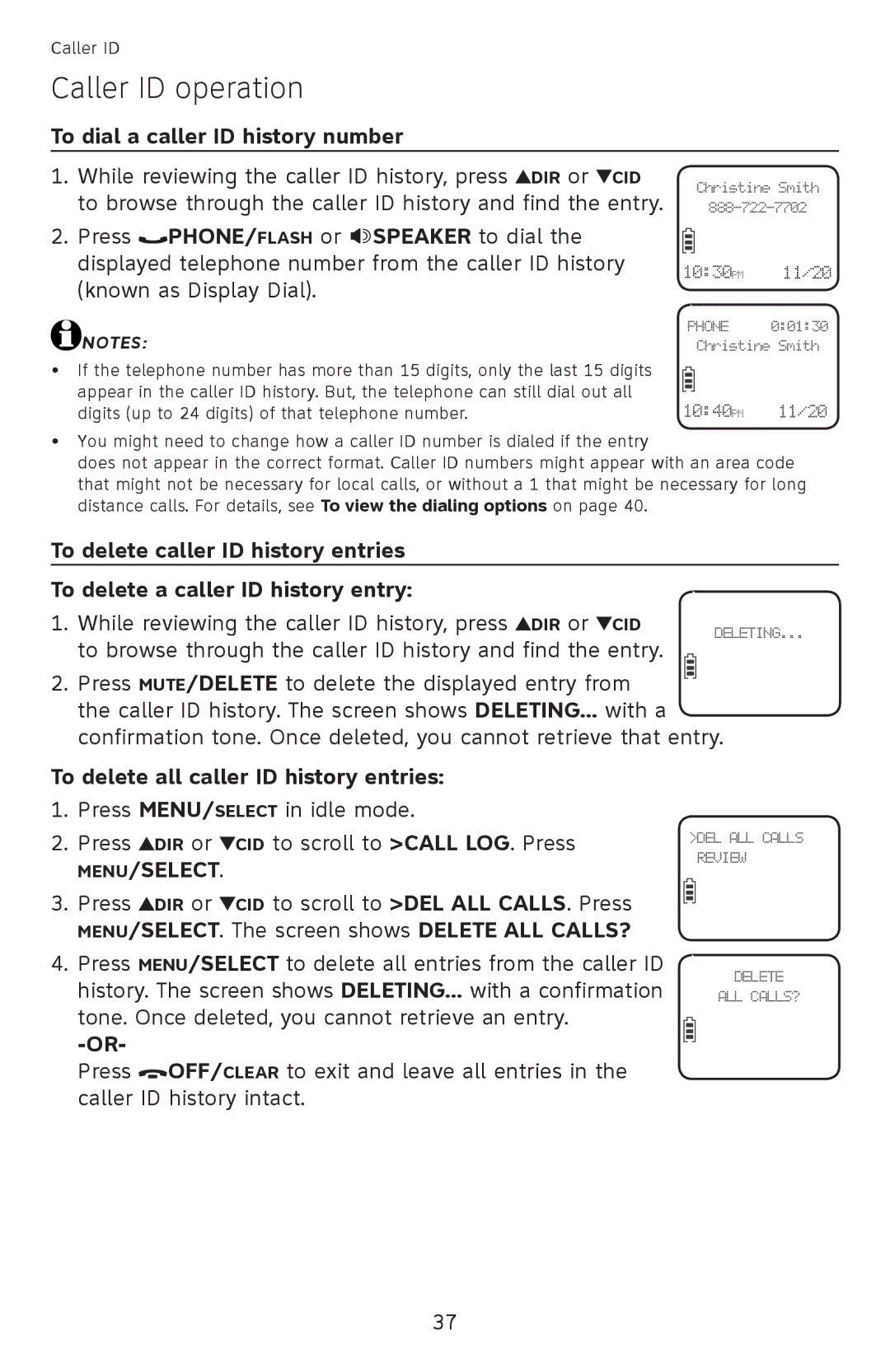 AT&T EL52200, EL52510, EL52500, EL52450, EL52350 To dial a caller ID history number, To delete all caller ID history entries 