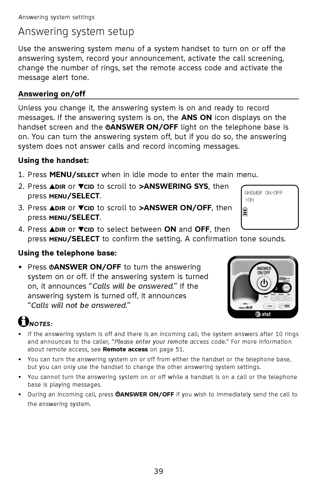 AT&T EL52210, EL52510, EL52500 Answering system setup, Answering on/off, Using the handset, Using the telephone base 