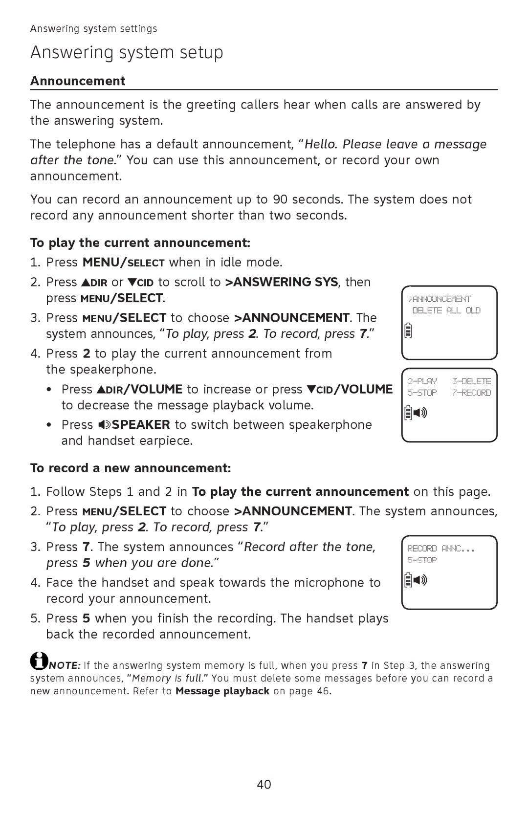 AT&T EL52510, EL52500, EL52450, EL52350, EL52300 Announcement, To play the current announcement, To record a new announcement 