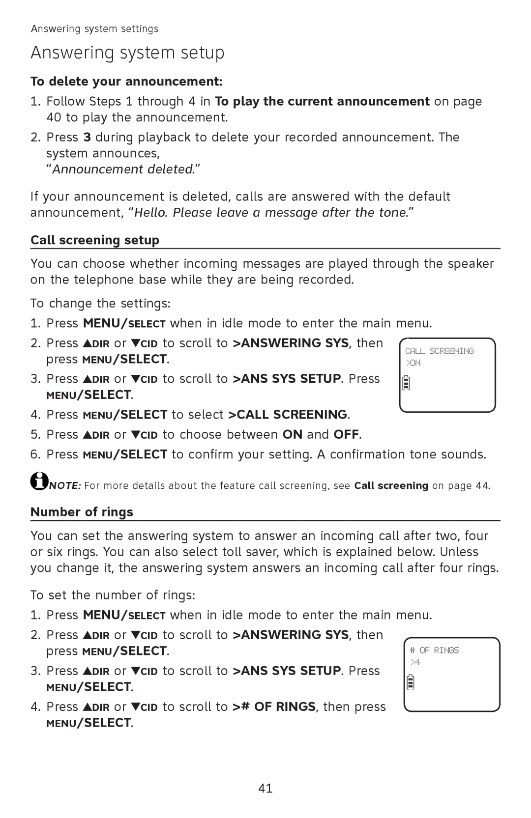 AT&T EL52500, EL52510 To delete your announcement, Call screening setup, Press MENU/SELECT to select Call Screening 