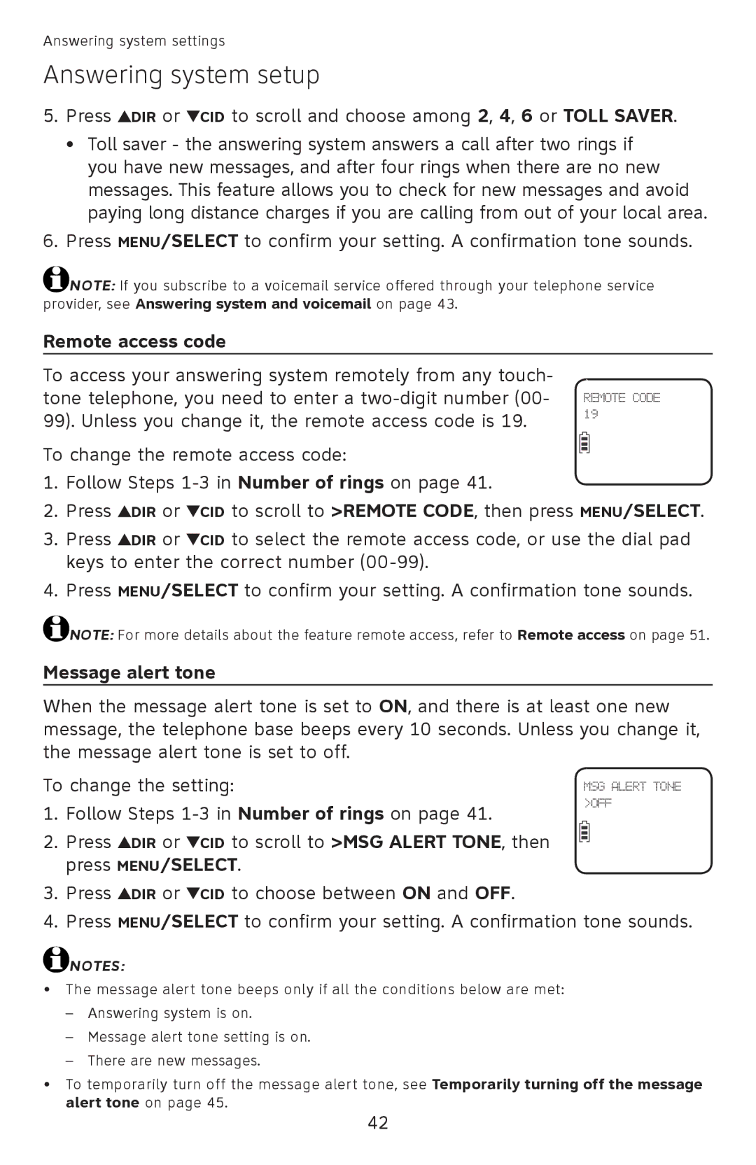 AT&T EL52450, EL52510, EL52500, EL52350, EL52300, EL52400, EL52200, EL52250, EL52210 Remote access code, Message alert tone 