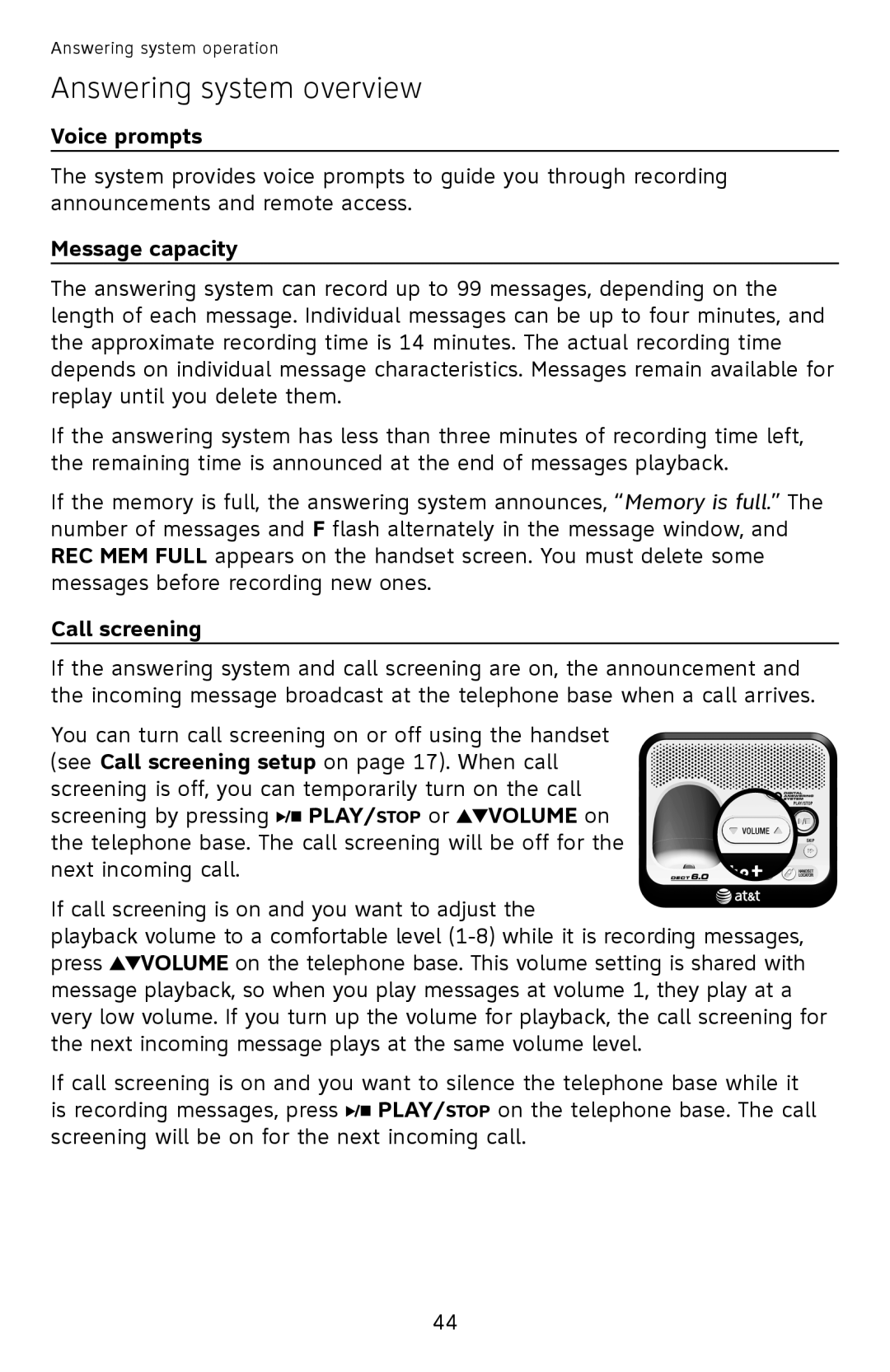 AT&T EL52300, EL52510, EL52500, EL52450, EL52350 Answering system overview, Voice prompts, Message capacity, Call screening 