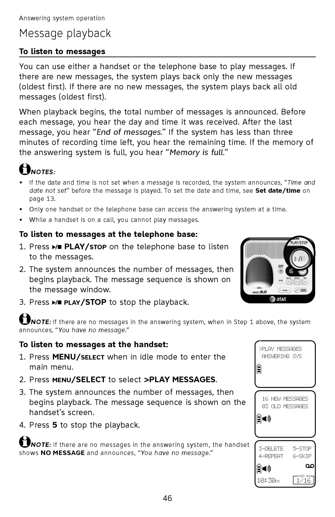 AT&T EL52200 Message playback, To listen to messages at the telephone base, To listen to messages at the handset 