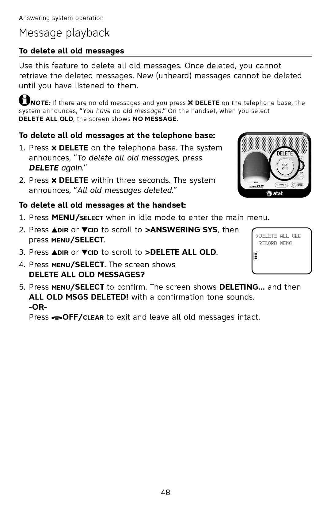 AT&T EL52210, EL52510 To delete all old messages at the telephone base, To delete all old messages at the handset 