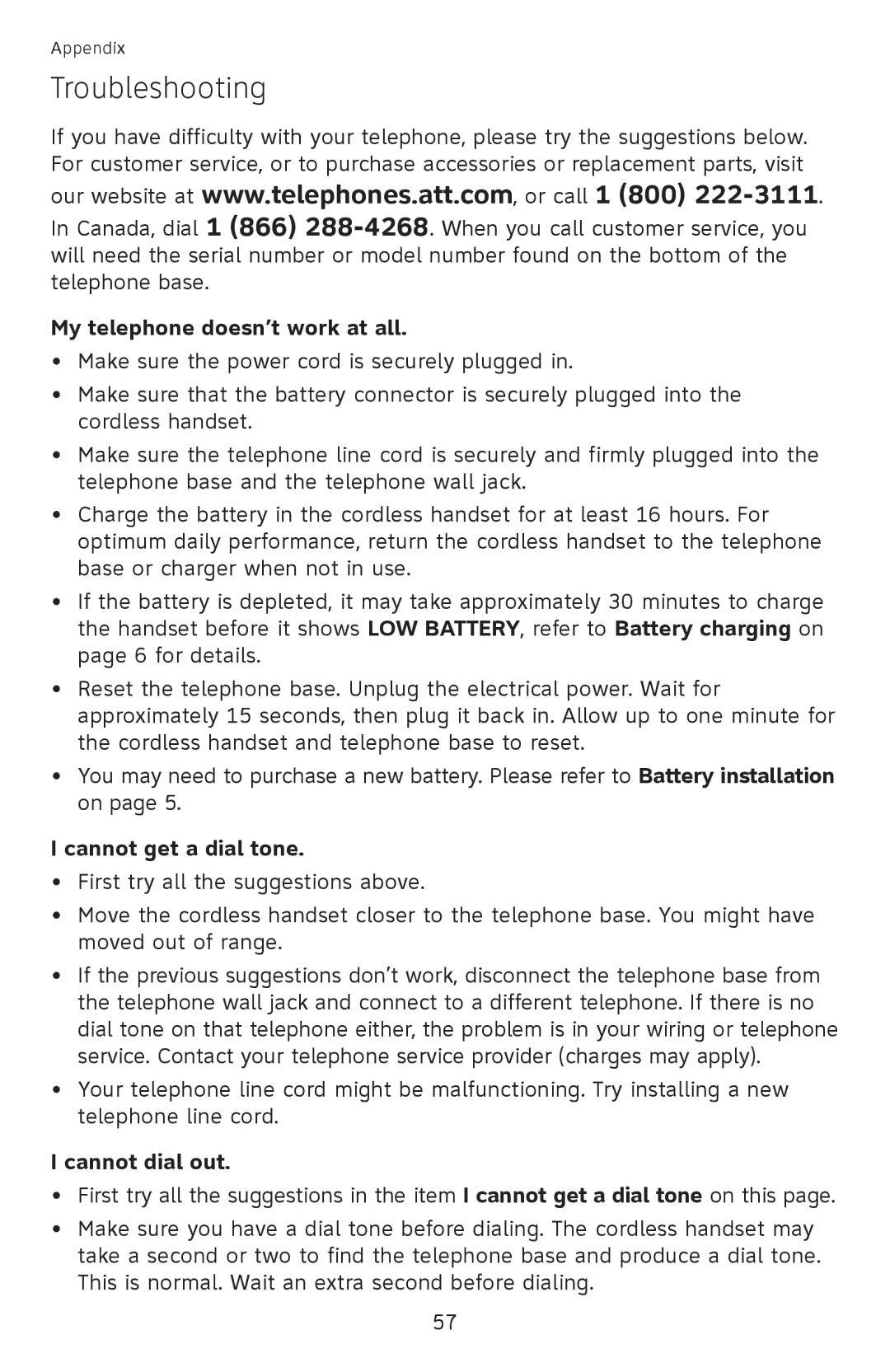 AT&T EL52210, EL52510, EL52500 Troubleshooting, My telephone doesn’t work at all, Cannot get a dial tone, Cannot dial out 