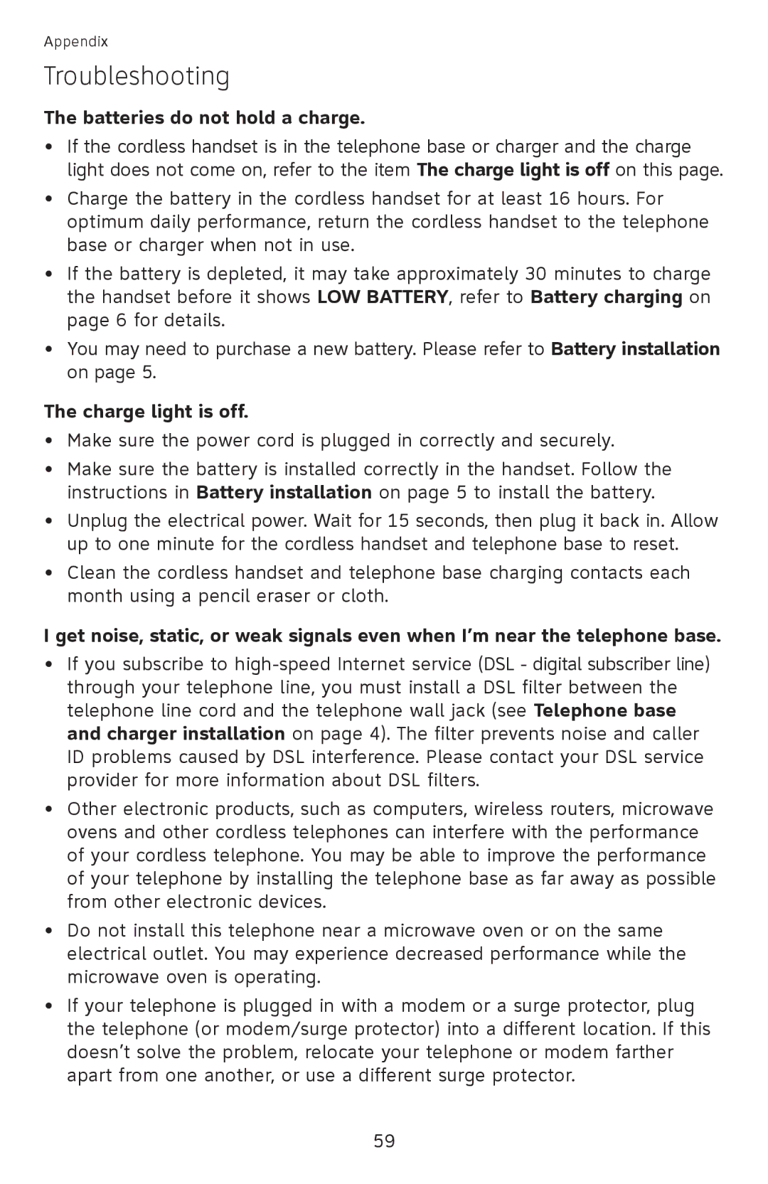 AT&T EL52500, EL52510, EL52450, EL52350, EL52300, EL52400, EL52200, EL52250 Batteries do not hold a charge, Charge light is off 