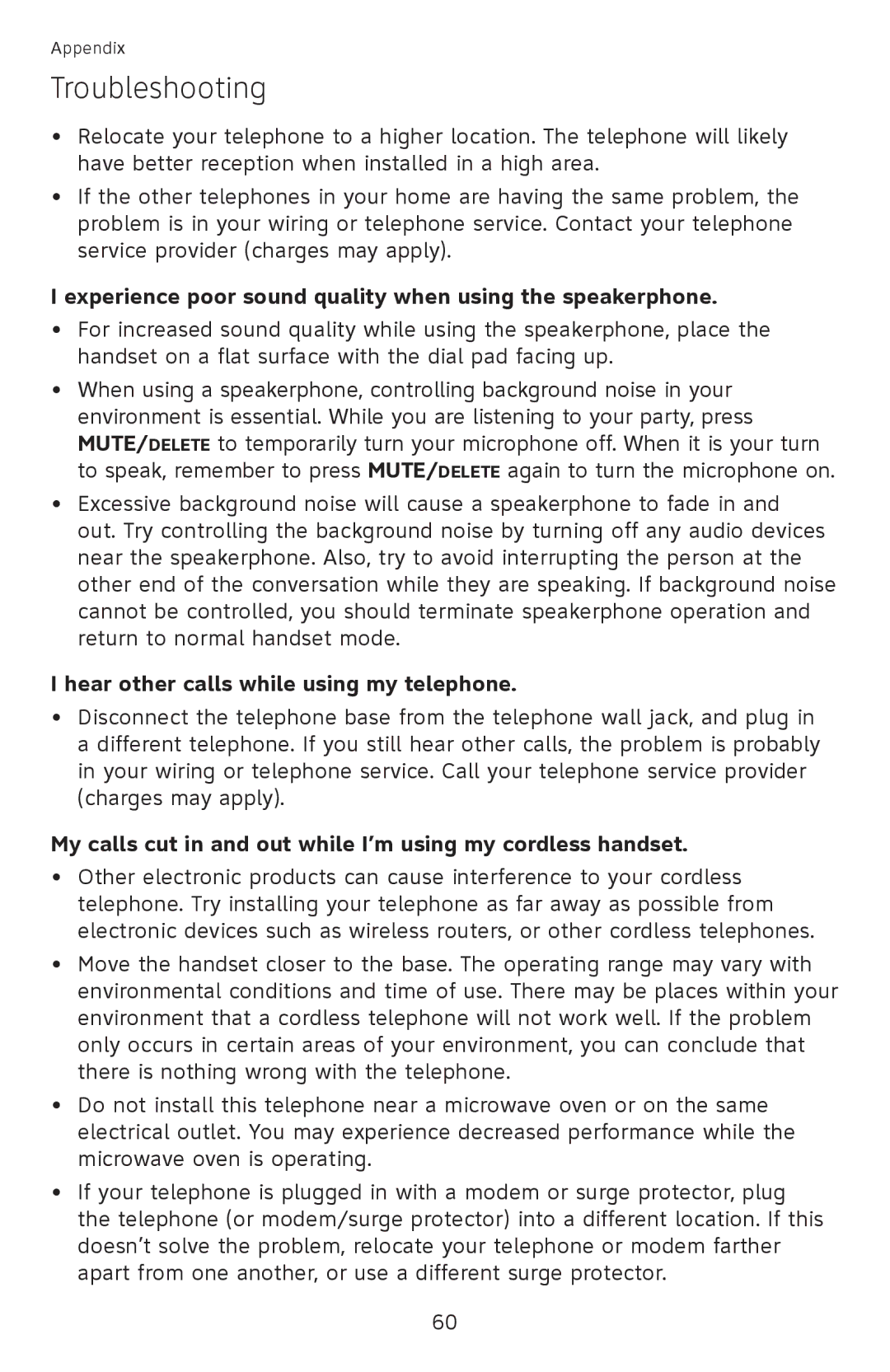 AT&T EL52450, EL52510 Experience poor sound quality when using the speakerphone, Hear other calls while using my telephone 