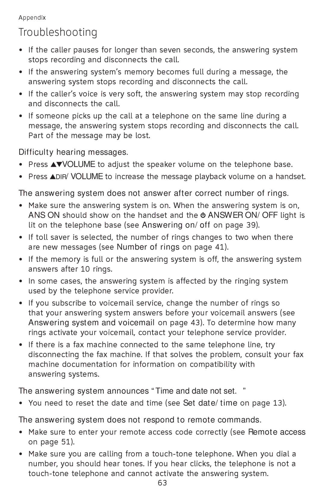 AT&T EL52400, EL52510, EL52500, EL52450 Difficulty hearing messages, Answering system announces Time and date not set 