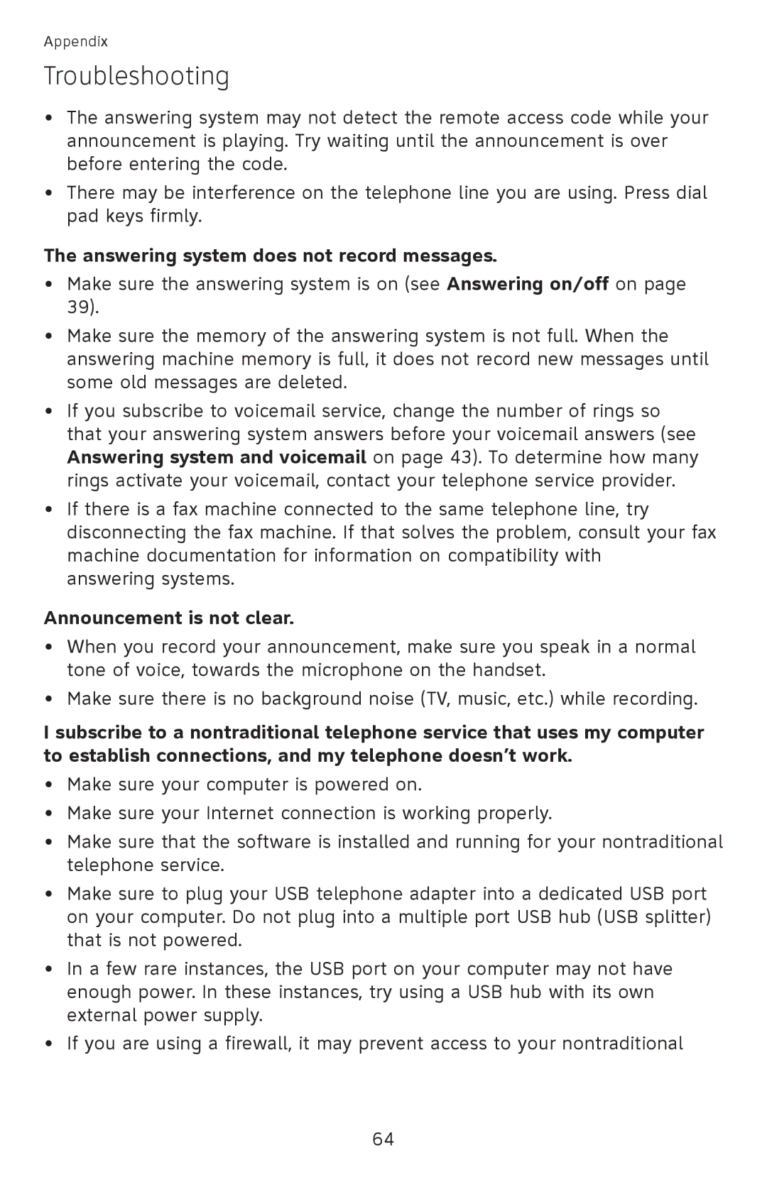 AT&T EL52200, EL52510, EL52500, EL52450, EL52350, EL52300 Answering system does not record messages, Announcement is not clear 