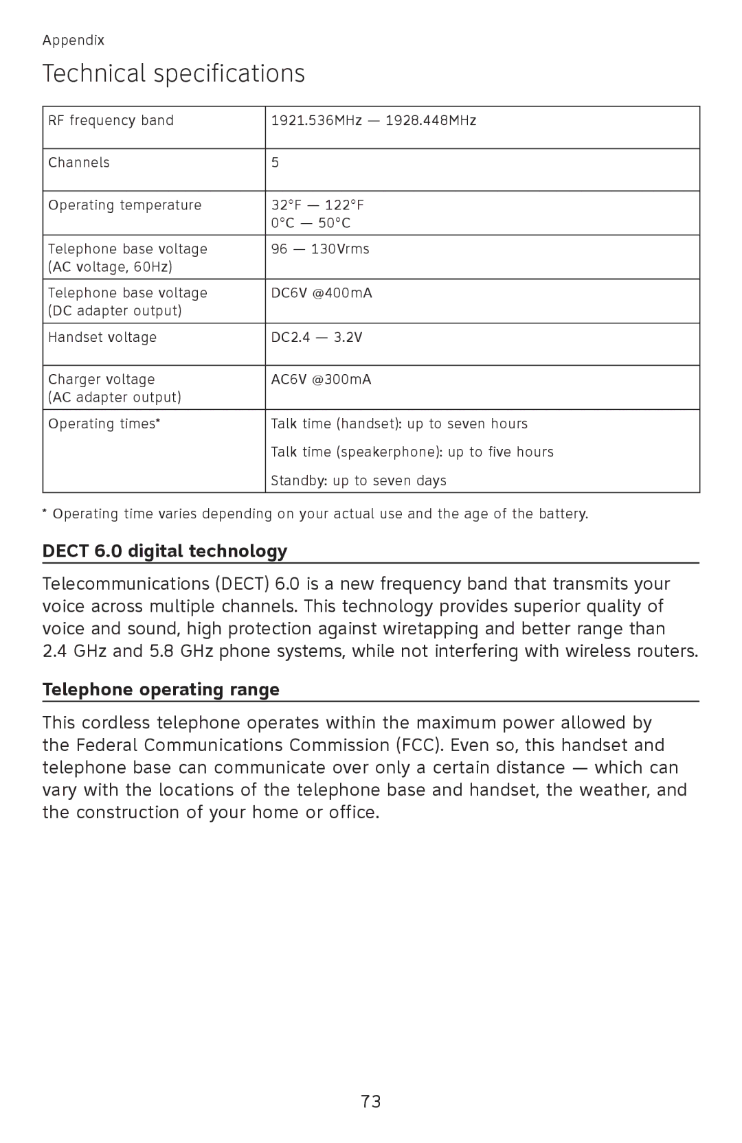 AT&T EL52200, EL52510, EL52500, EL52450 Technical specifications, Dect 6.0 digital technology, Telephone operating range 