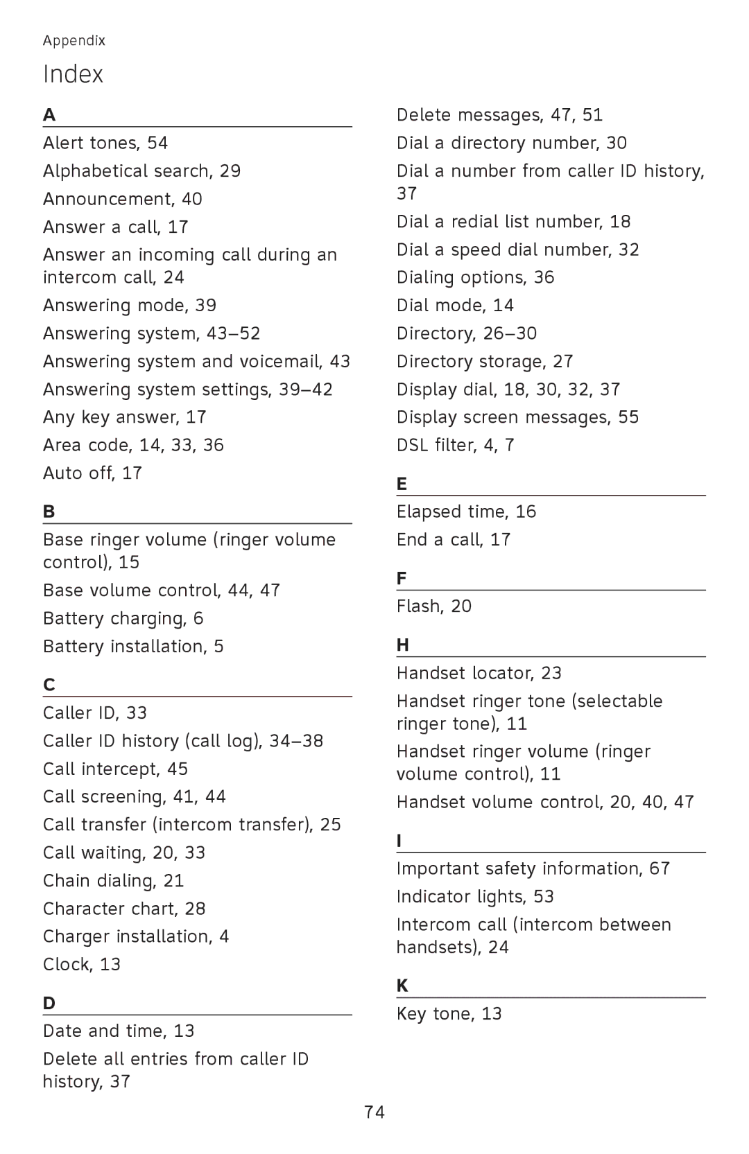 AT&T EL52250, EL52510, EL52500, EL52450, EL52350, EL52300, EL52400, EL52200, EL52210 user manual Index 