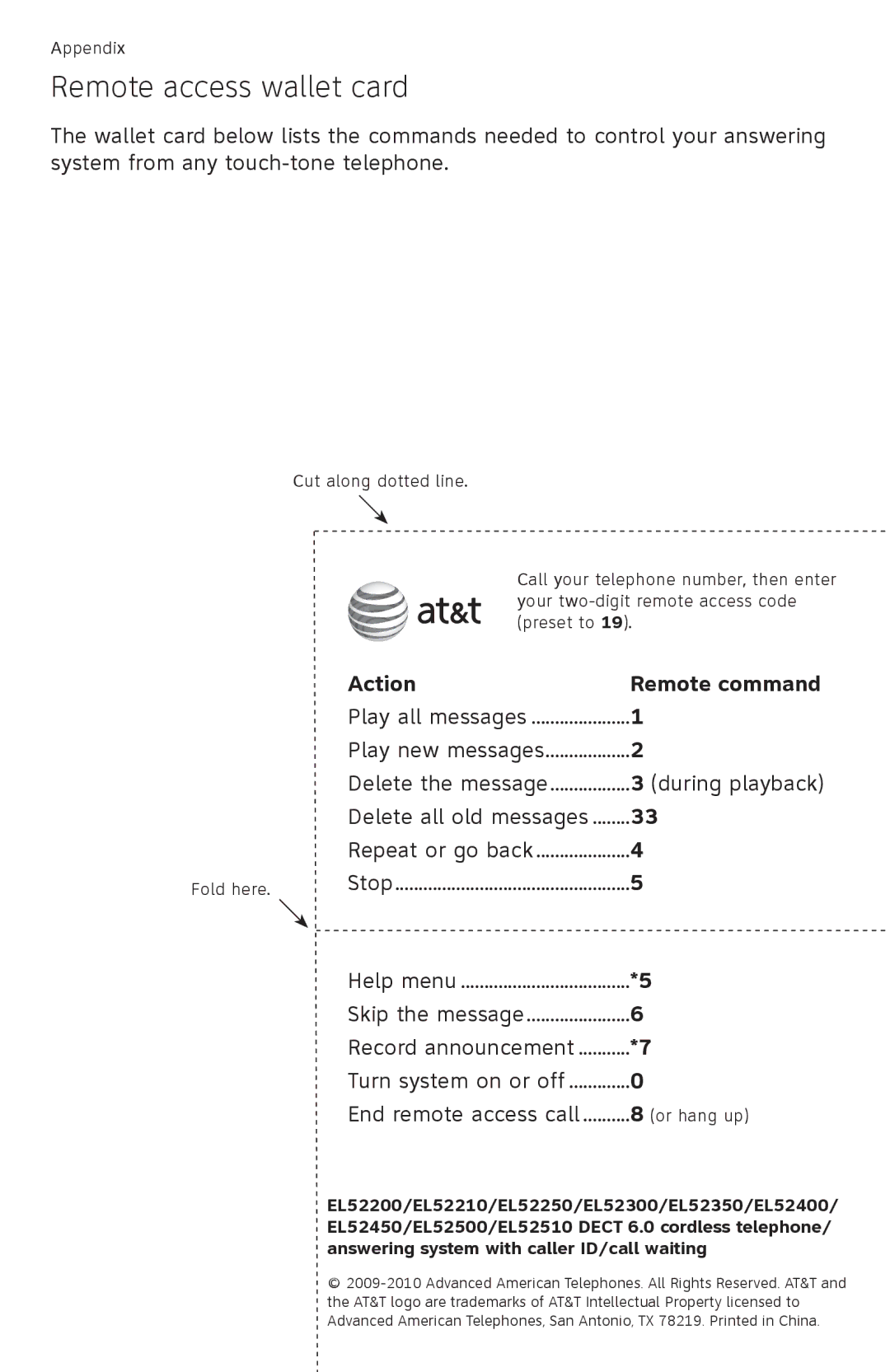 AT&T EL52510, EL52500, EL52450, EL52350, EL52300, EL52400 Remote access wallet card, Action Remote command, During playback 