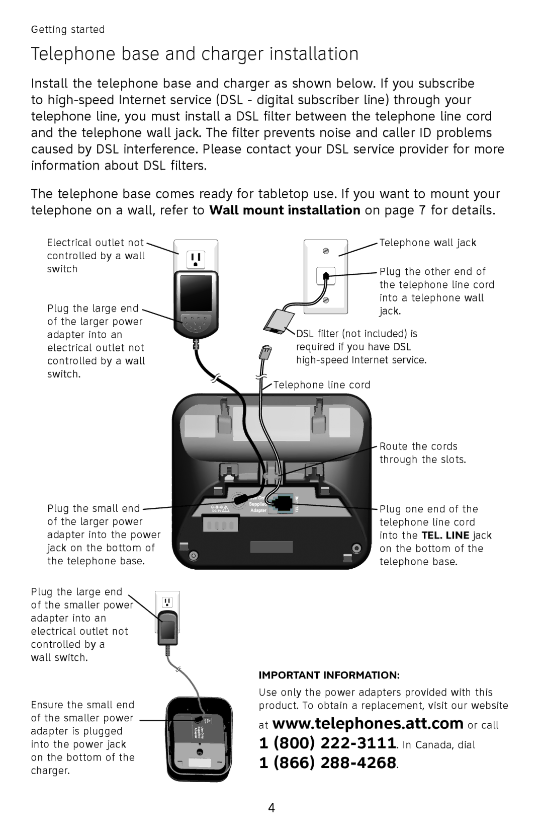 AT&T EL52510, EL52500, EL52450, EL52350, EL52300, EL52400 Telephone base and charger installation, Important Information 