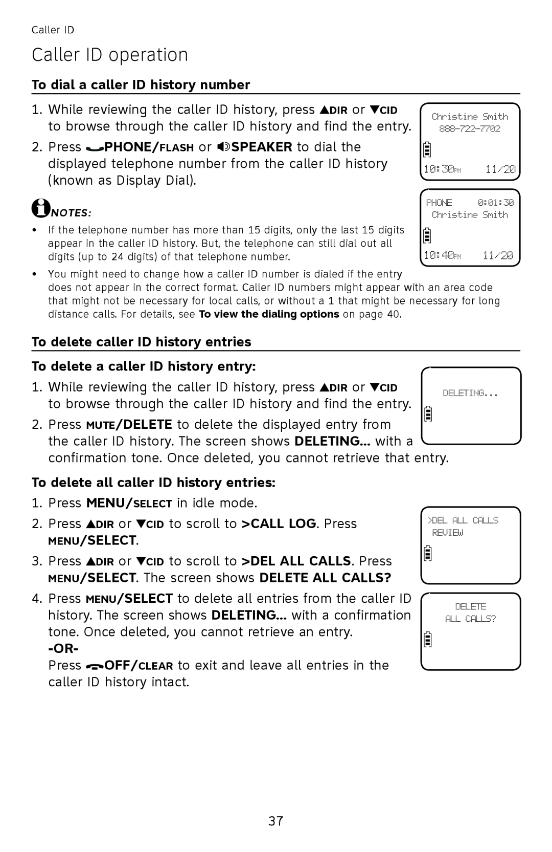 AT&T EL52200 To dial a caller ID history number, To delete caller ID history entries, To delete a caller ID history entry 