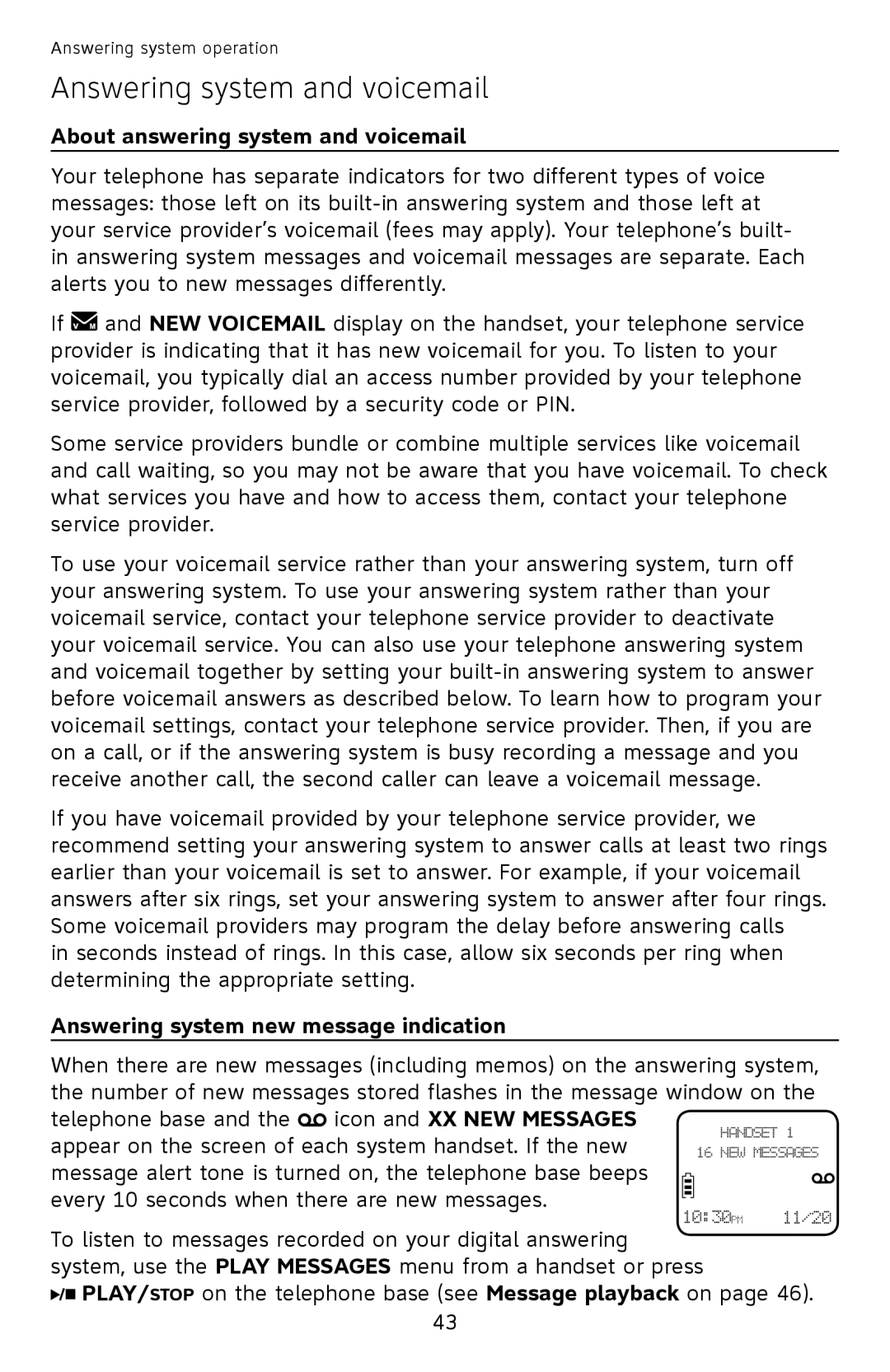 AT&T EL52350 Answering system and voicemail, About answering system and voicemail, Answering system new message indication 