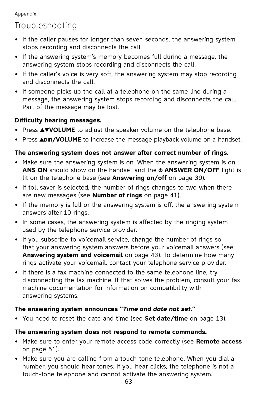 AT&T EL52400, EL52510 Difficulty hearing messages, The answering system does not answer after correct number of rings 