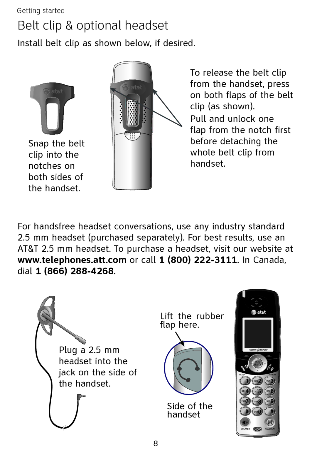 AT&T EP562 user manual Belt clip & optional headset 