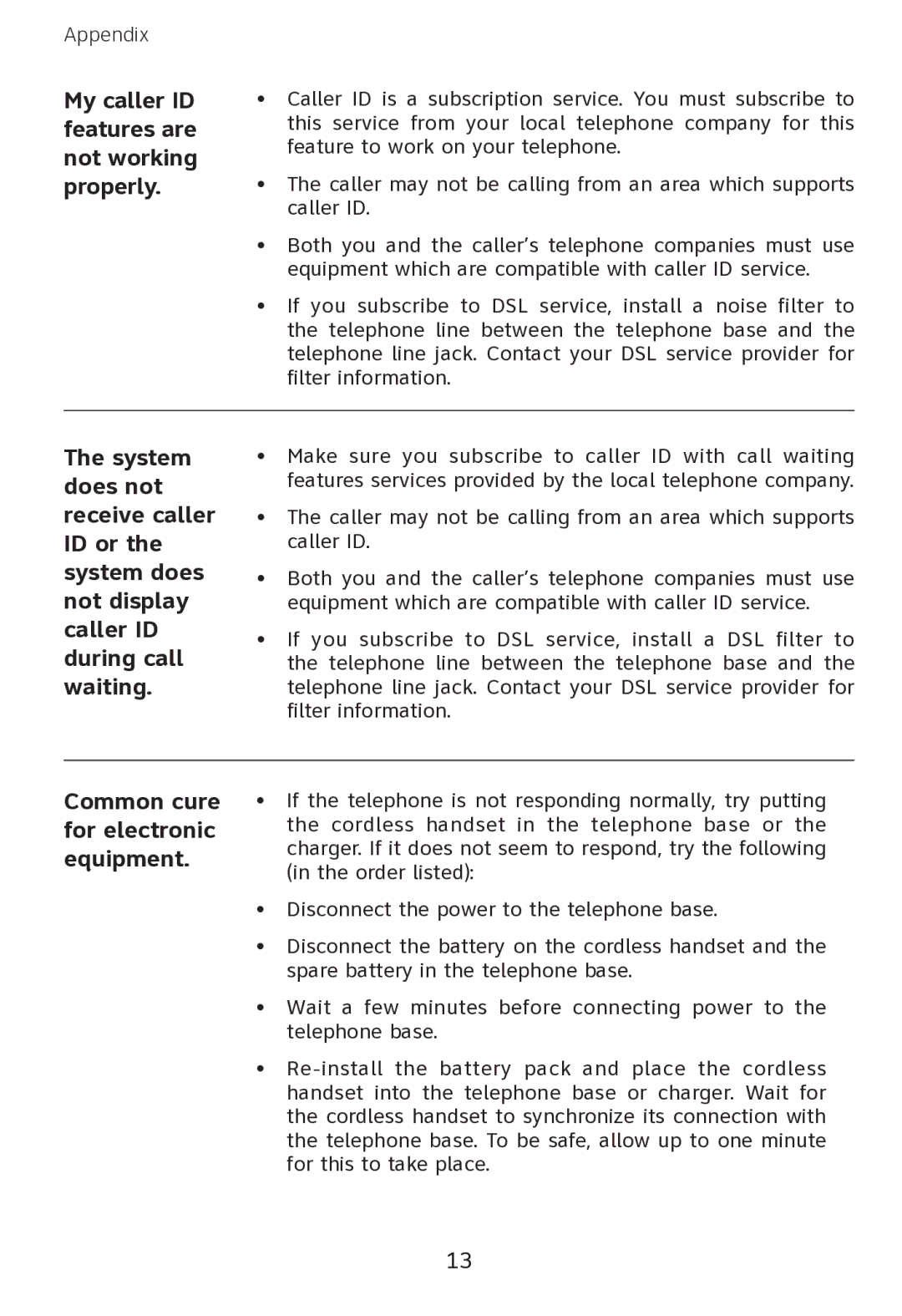 AT&T EP562 user manual Common cure for electronic equipment, My caller ID features are not working properly 