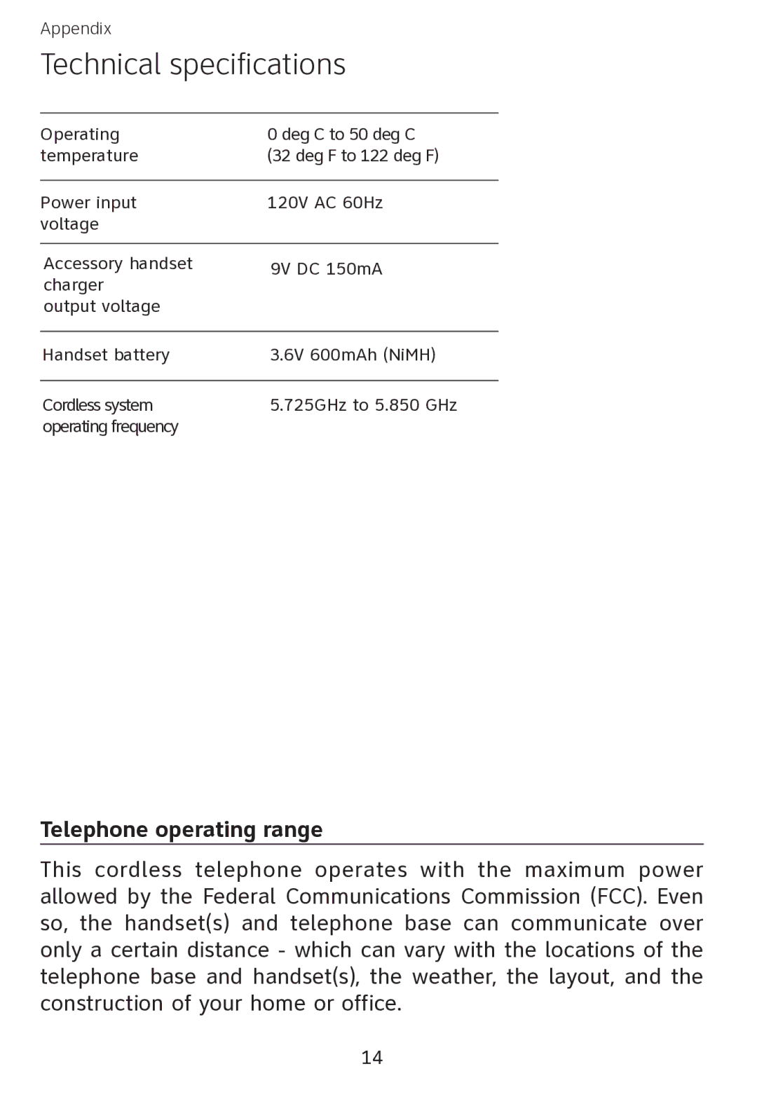 AT&T EP562 user manual Technical specifications, Telephone operating range 