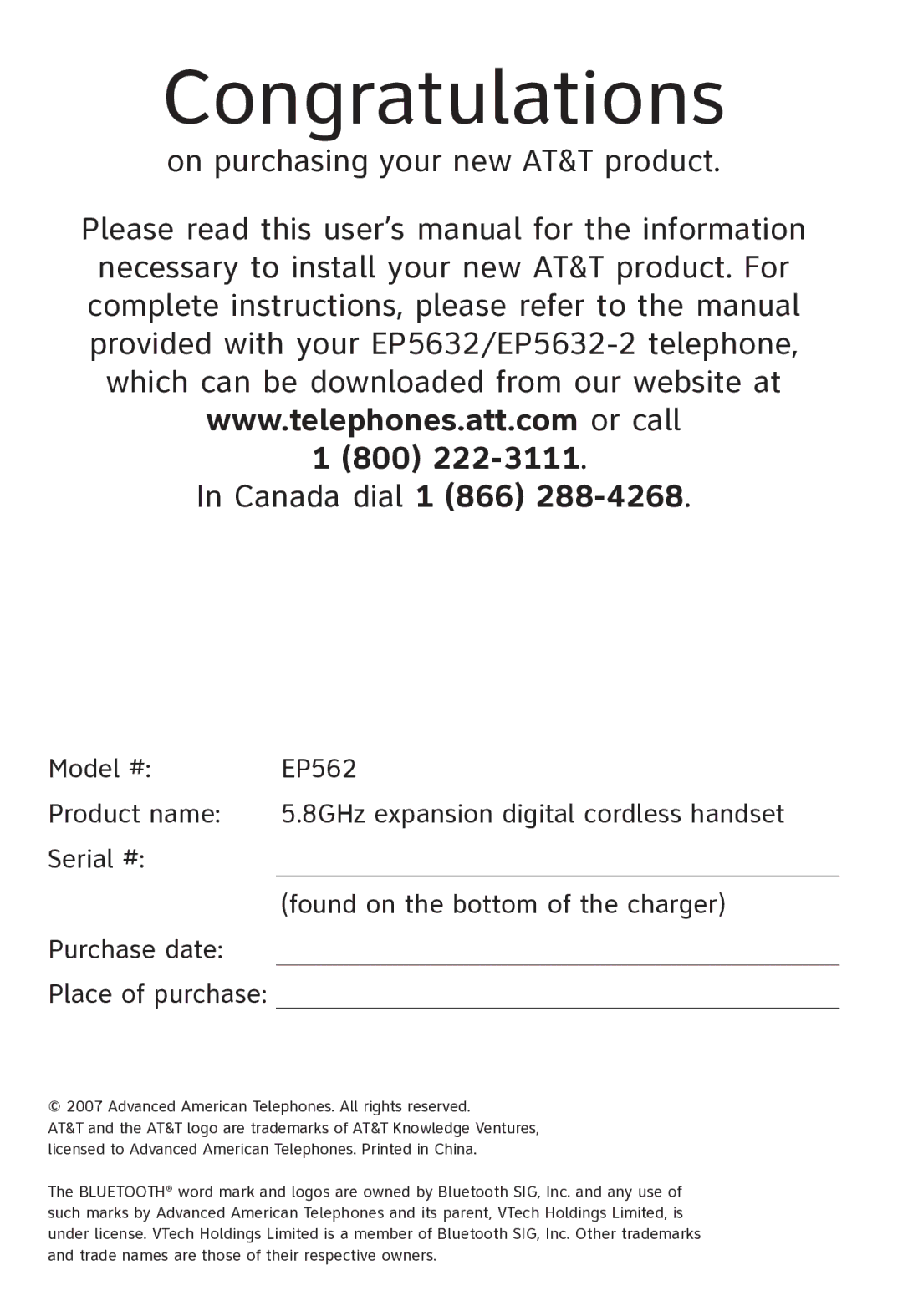 AT&T EP562 user manual Congratulations 