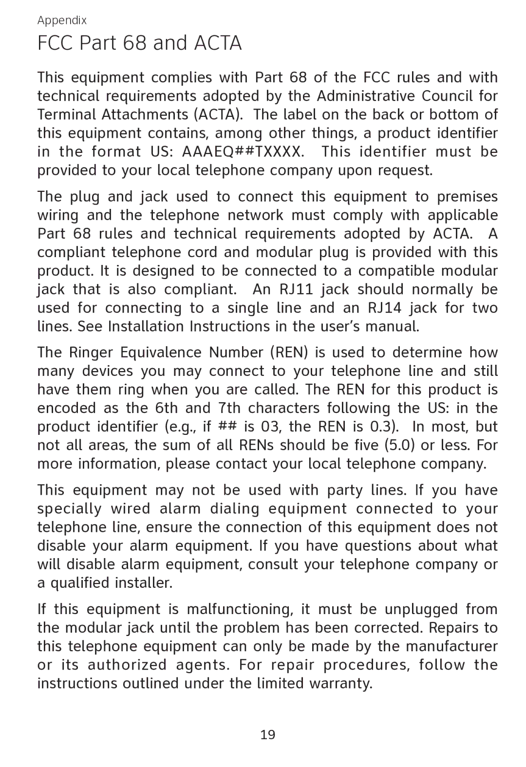 AT&T EP562 user manual FCC Part 68 and Acta 