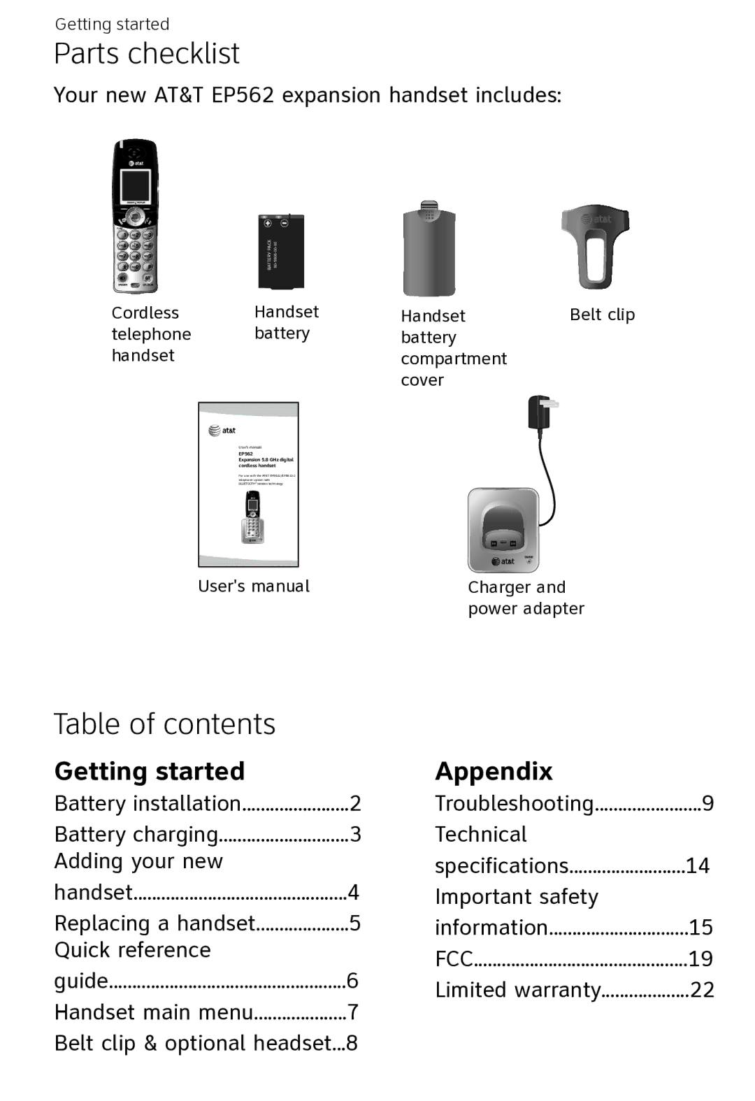 AT&T EP562 user manual Parts checklist, Table of contents 