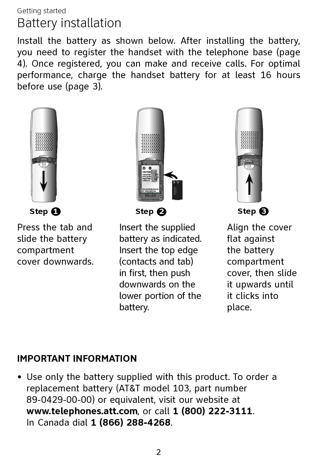 AT&T EP562 user manual Battery installation 