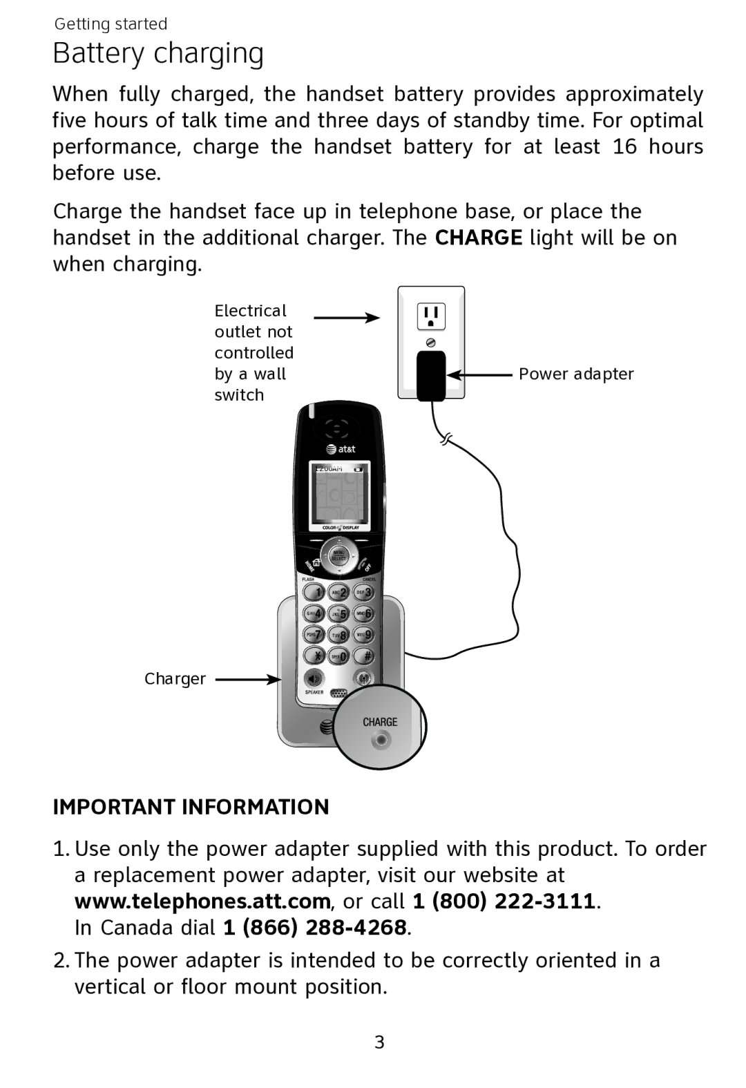 AT&T EP562 user manual Battery charging 