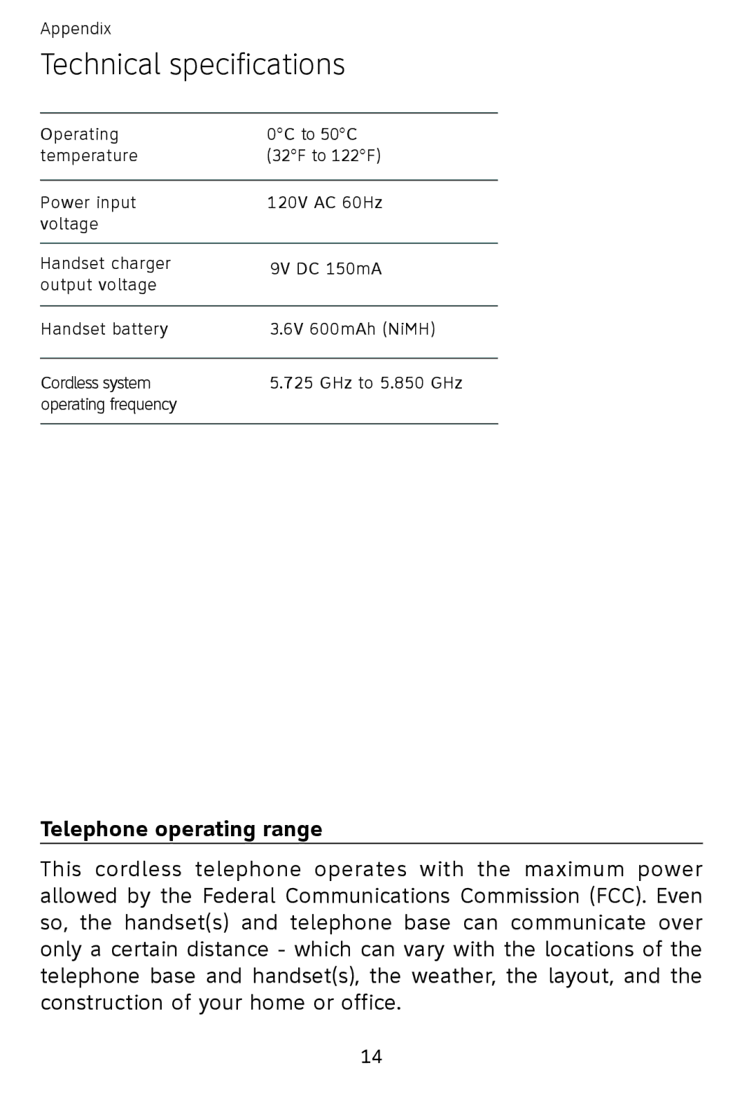 AT&T EP5632-2, EP562 user manual Technical specifications, Telephone operating range 