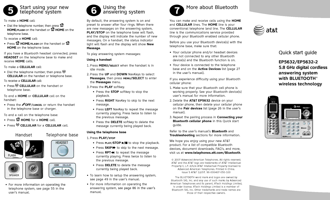 AT&T EP5632-2 quick start Start using your new, Telephone system, Using the answering system, More about Bluetooth 