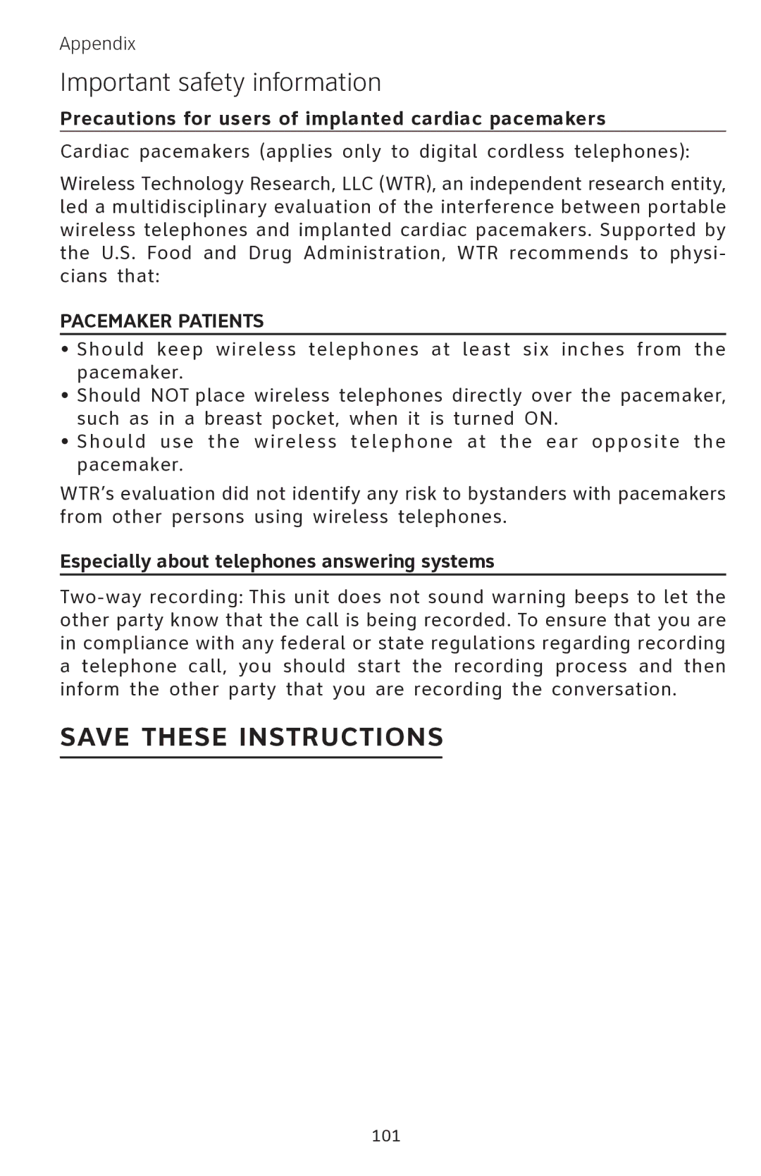 AT&T EP5632 Precautions for users of implanted cardiac pacemakers, Especially about telephones answering systems 