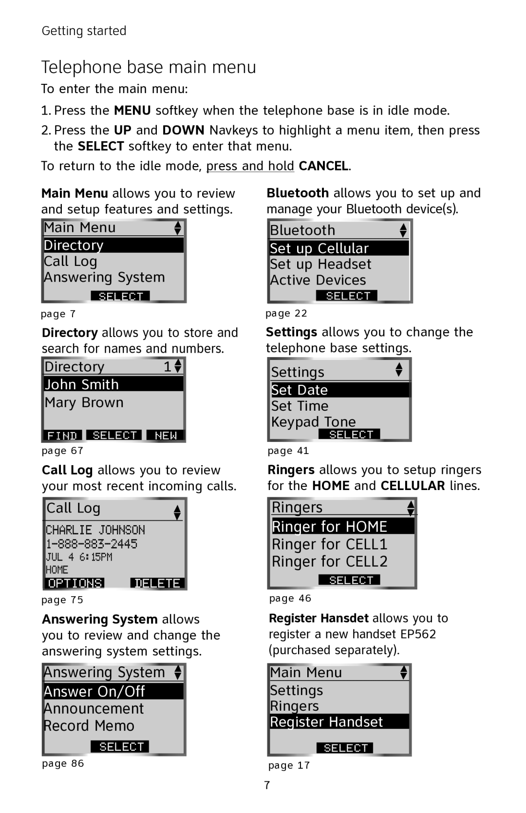 AT&T EP5632 user manual Telephone base main menu, Directory 