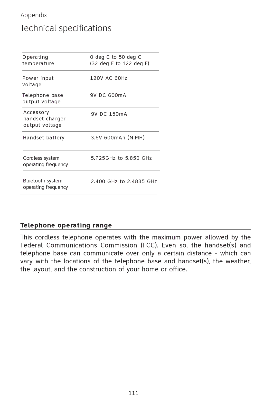 AT&T EP5632 user manual Technical specifications, Telephone operating range 