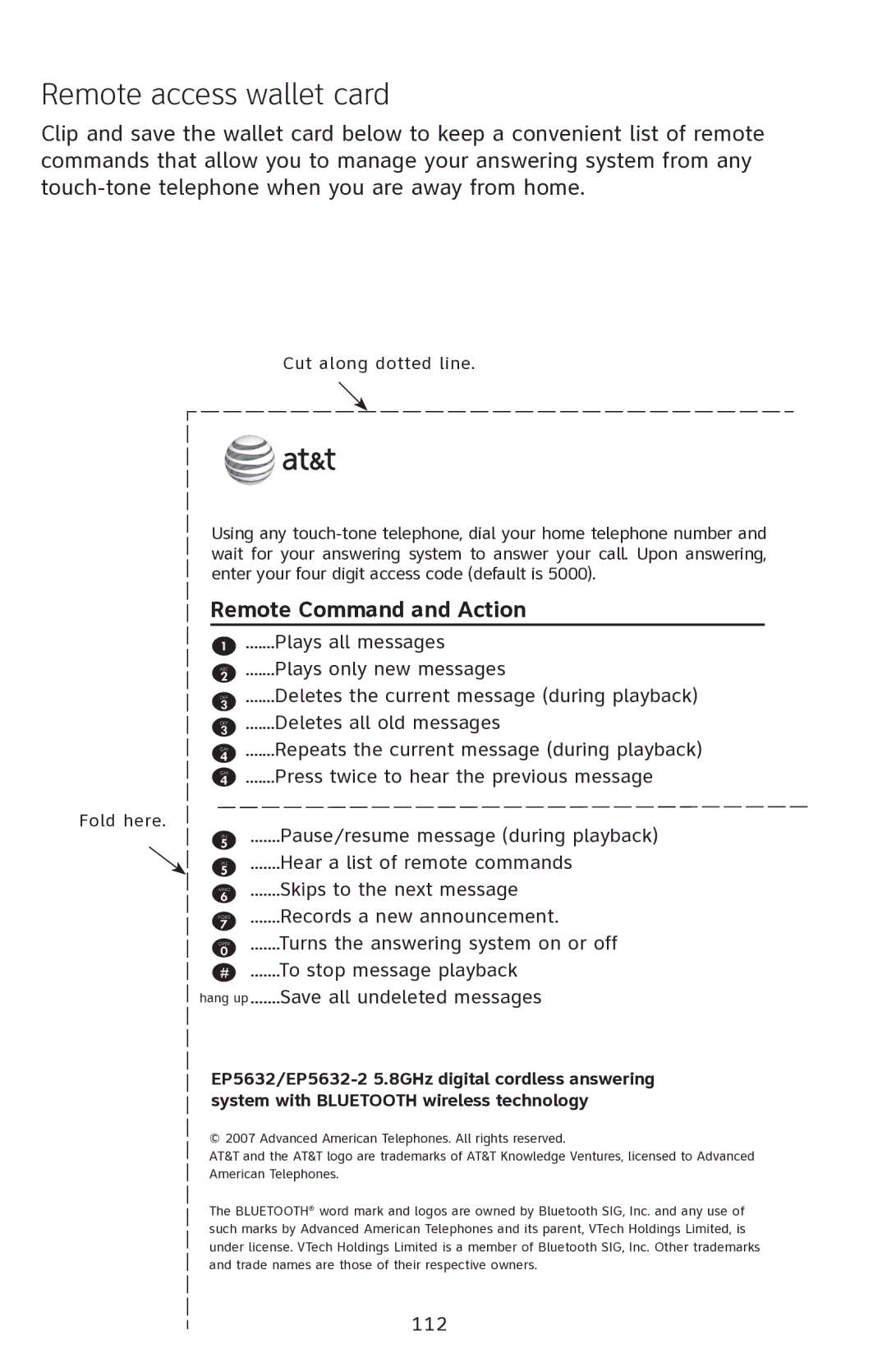 AT&T EP5632 user manual Remote access wallet card, 112 