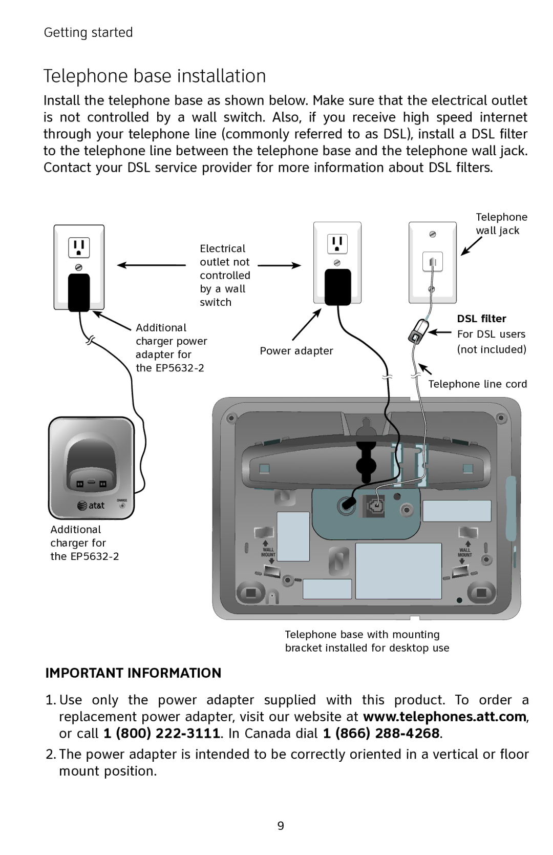 AT&T EP5632 user manual Telephone base installation, Important Information 