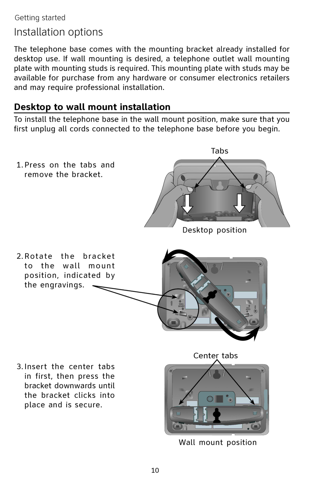 AT&T EP5632 user manual Installation options, Desktop to wall mount installation 