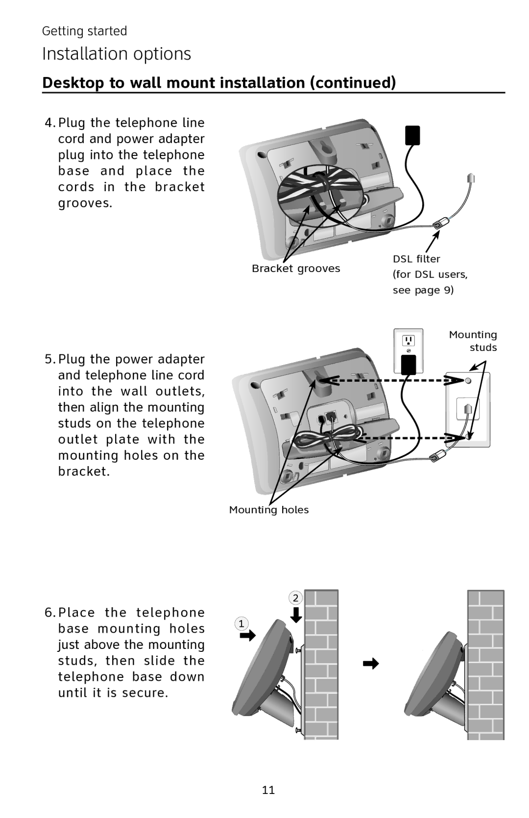 AT&T EP5632 user manual Bracket grooves DSL filter For DSL users, see Mounting studs 