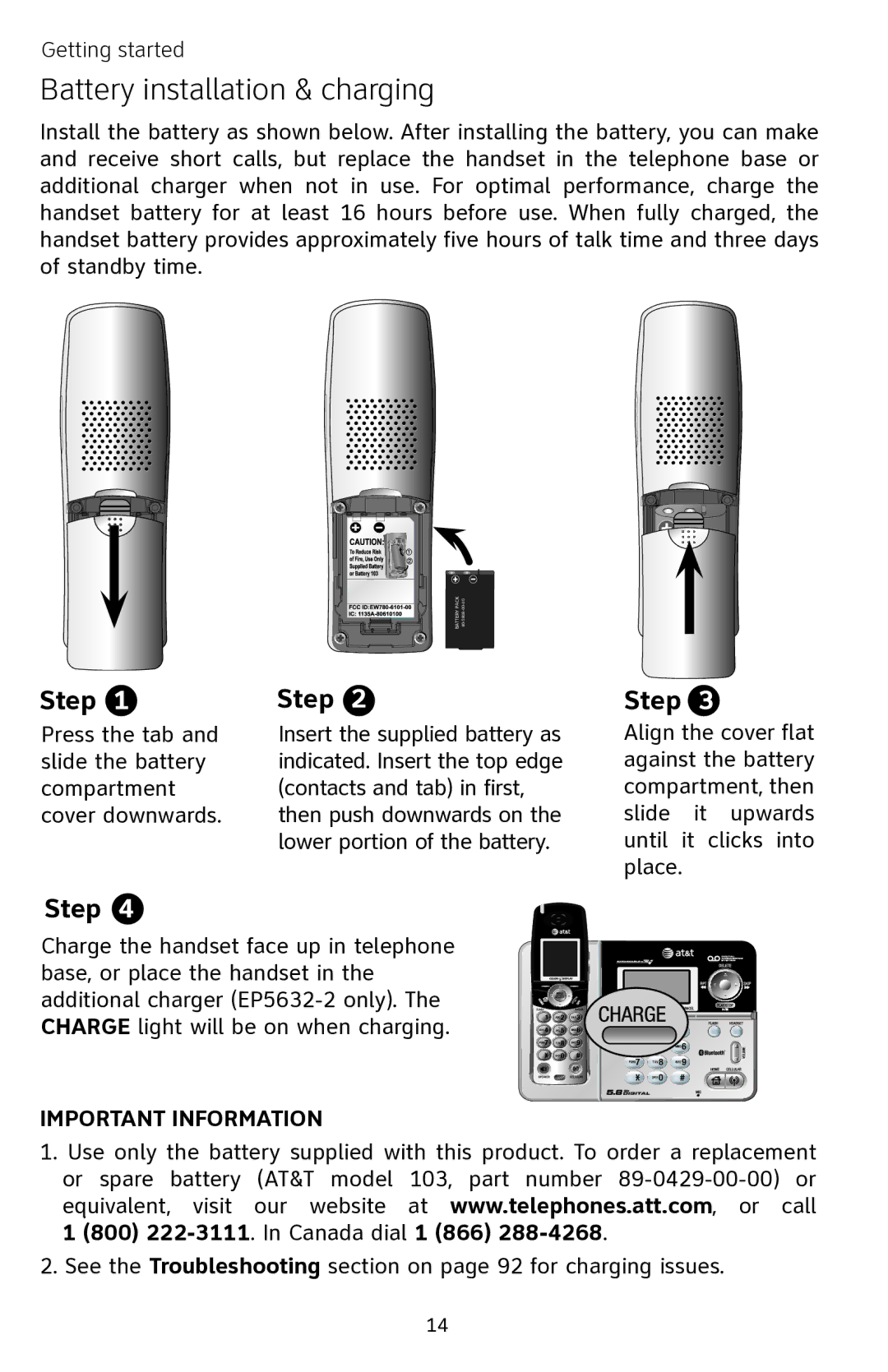 AT&T EP5632 user manual Battery installation & charging, Step 