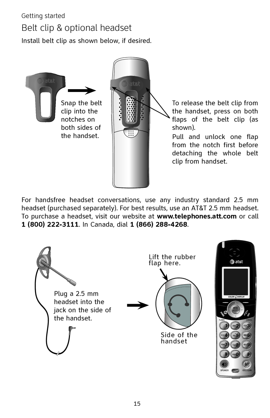 AT&T EP5632 user manual Belt clip & optional headset 