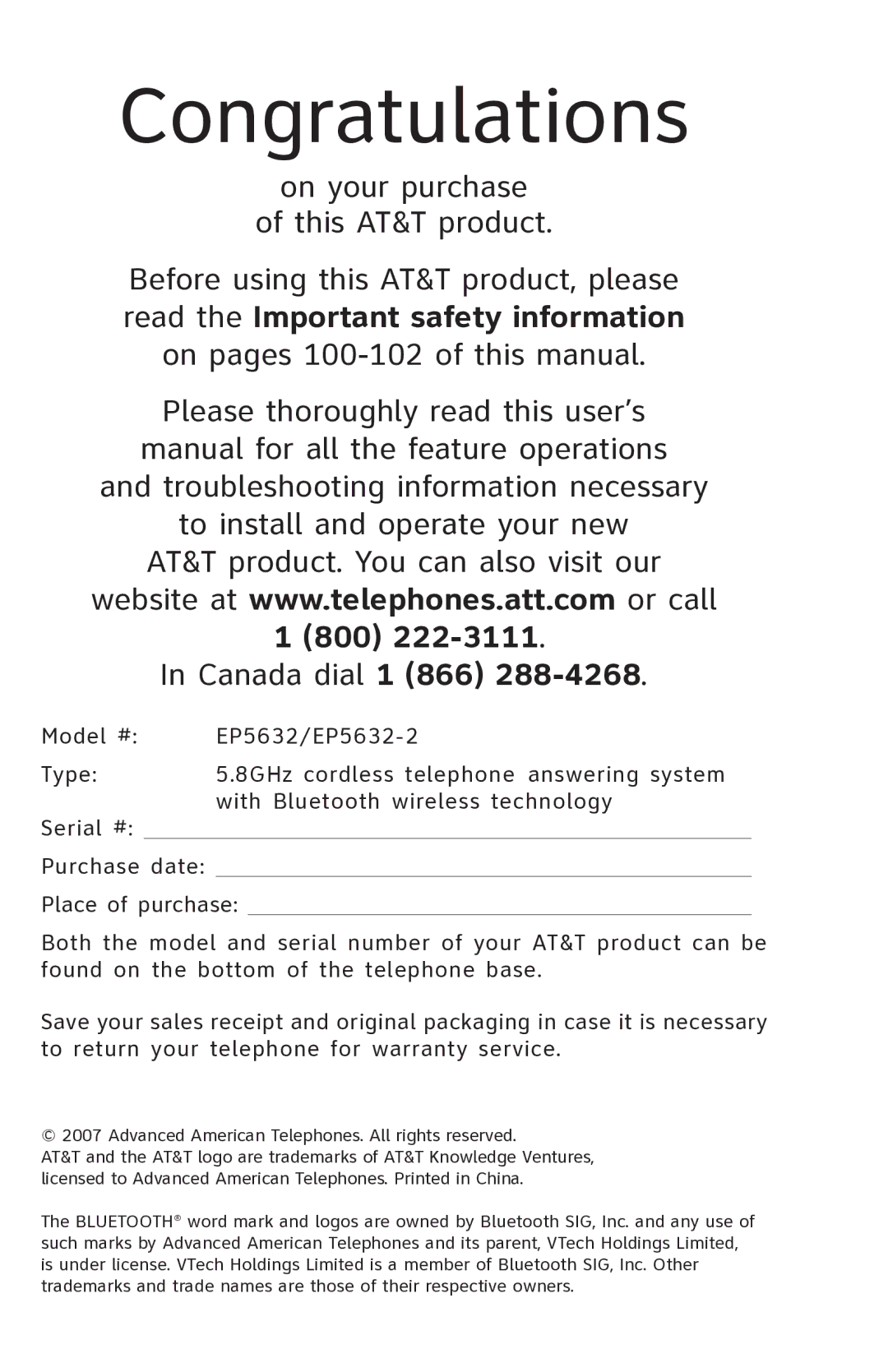 AT&T EP5632 user manual Congratulations, On your purchase This AT&T product 